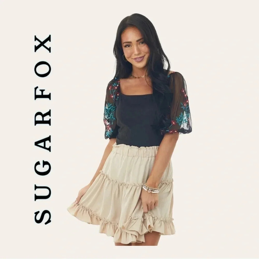 0444W. SUGARFOX SHORT PUFF SLEEVE TOP EMBROIDERED SLEEVES SIZE 1XL